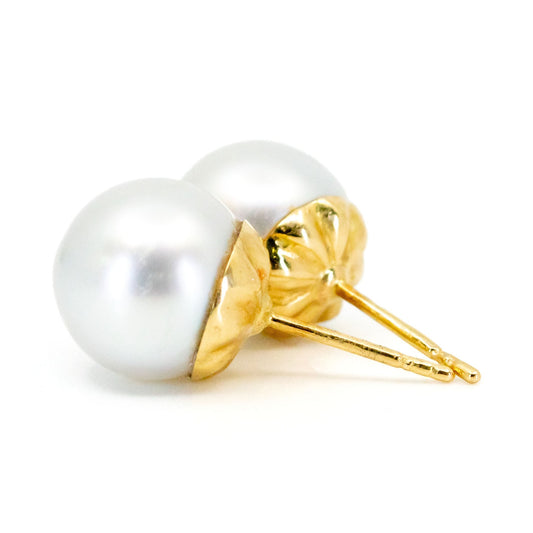 Vintage 14 Carat Yellow Gold 11mm South Sea Pearl Stud Earrings