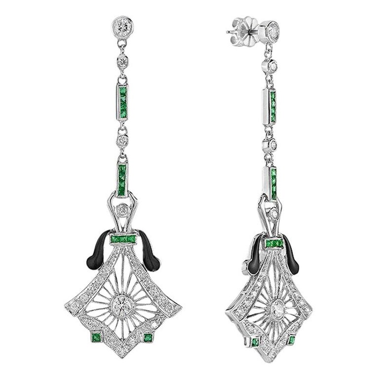 Art Deco Style Diamond Drop Earrings with Emeralds and Black Enamel