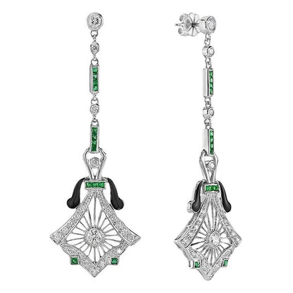 Art Deco Style Diamond Drop Earrings with Emeralds and Black Enamel