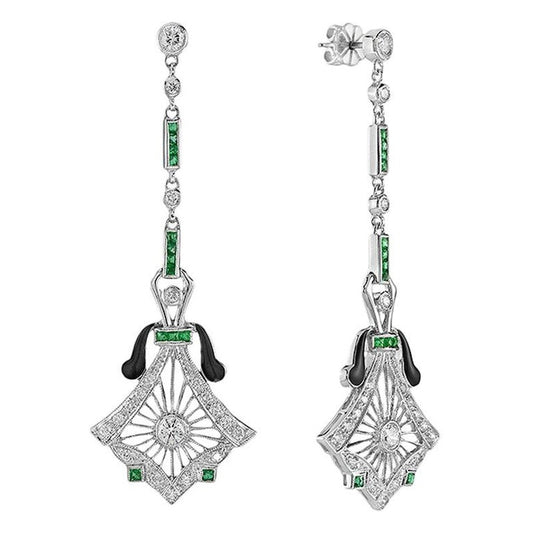 Art Deco Style Diamond Drop Earrings with Emeralds and Black Enamel
