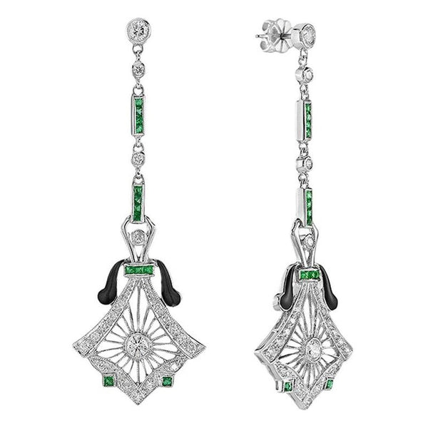 Art Deco Style Diamond Drop Earrings with Emeralds and Black Enamel