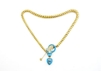 Antique Victorian Blue Enamel and Old Cut Diamond Snake Necklace; with blue enamel and diamond heart mourning pendant locket, 1.86 carat total, 18ct yellow gold, Circa 1860s.