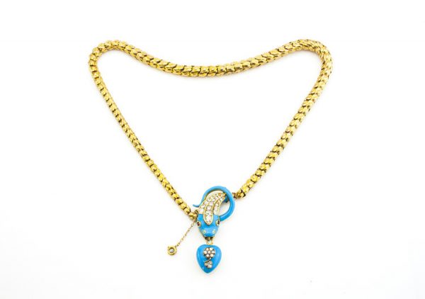 Antique Victorian Blue Enamel and Old Cut Diamond Snake Necklace; with blue enamel and diamond heart mourning pendant locket, 1.86 carat total, 18ct yellow gold, Circa 1860s.