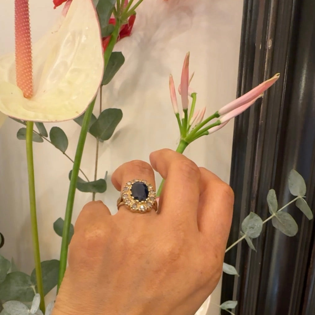 New 9 Carat Yellow Gold Sapphire and Diamond Oval Cluster Ring