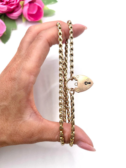 Antique 9 Carat Rose Gold Tulip Link Chain with Edwardian Heart Padlock Clasp