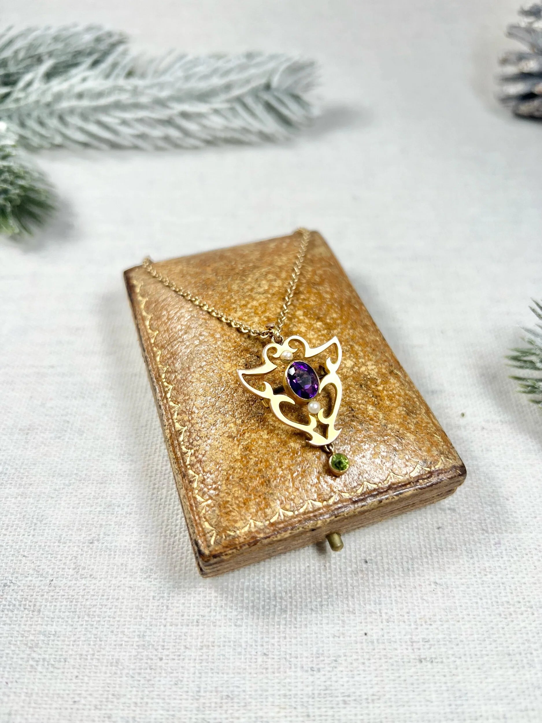 Antique 9ct Gold, Edwardian Amethyst, Pearl & Peridot Suffragette Pendant/Brooch