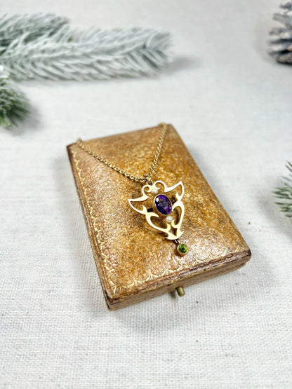 Antique 9ct Gold, Edwardian Amethyst, Pearl & Peridot Suffragette Pendant/Brooch