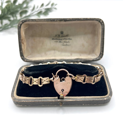 Antique 9 Carat Rose Gold Fancy Link Bracelet with Heart Shaped Padlock