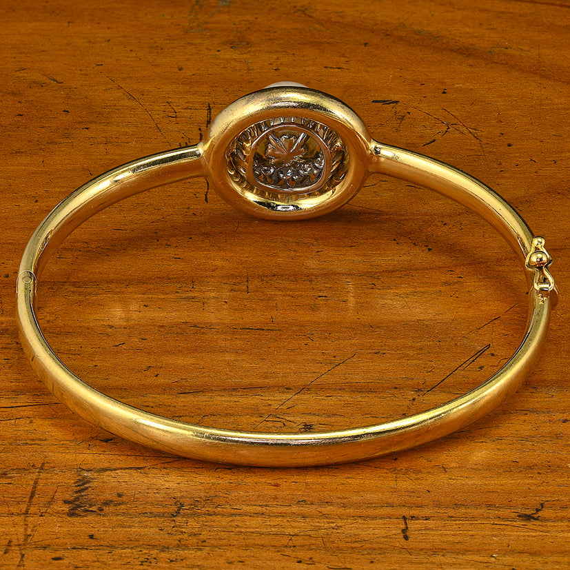 Vintage Late Art Deco South Sea Pearl and Diamond Cluster 18ct Yellow Gold Bangle Bracelet