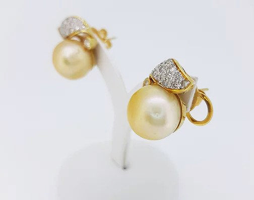 Vintage Golden South Sea Pearl and Diamond Earrings, in 18ct yellow gold