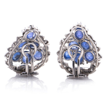 7.20ct Natural Cabochon Sapphire and Diamond Leaf Shaped Cluster Earrings