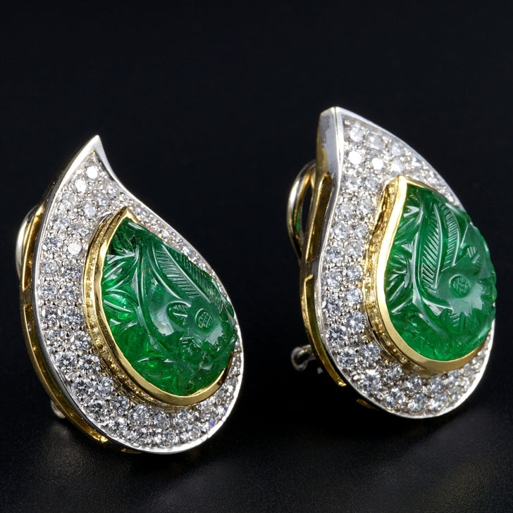 Vintage 22cts Carved Mughal Emerald and Diamond Cluster Clip On Earrings