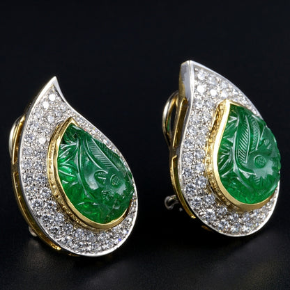 Vintage 22cts Carved Mughal Emerald and Diamond Cluster Clip On Earrings