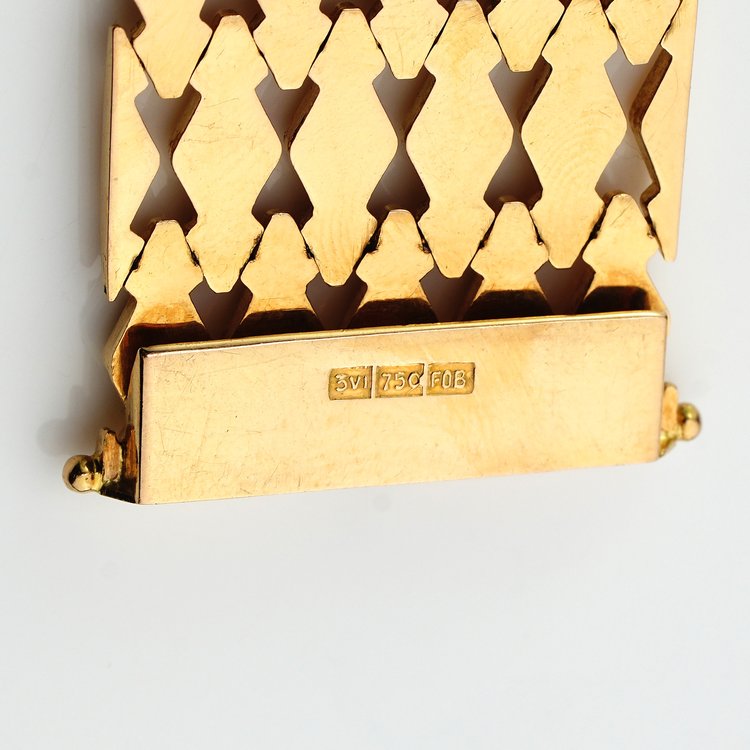 Vintage Italian Fancy Diamond Link Wide Cuff Gold Bracelet