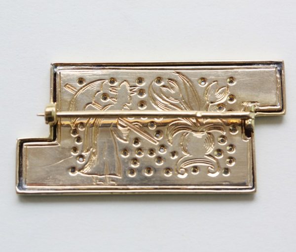 Art Deco Georges Fouquet Jade Green Enamel, Diamond and Platinum Chinese Style Asymmetrical Plaque Brooch; Signed: Georges Fouquet. France, Circa 1920