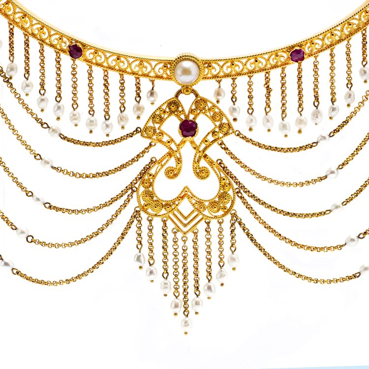 Antique Neo Renaissance Style Festoon Necklace with Pearls and Rubies