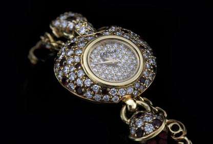 Vintage DaLaneau 18ct Yellow Gold 22mm Ladies Bracelet Watch with Diamonds and Rubies, Circa 1980s