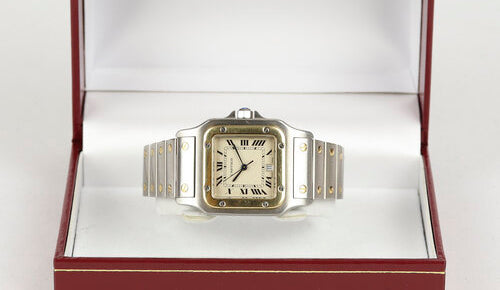 Cartier Santos Galbée 29mm Steel and Gold Quartz Square Watch, on a stainless steel and yellow gold bracelet, with a stainless steel single deployment clasp