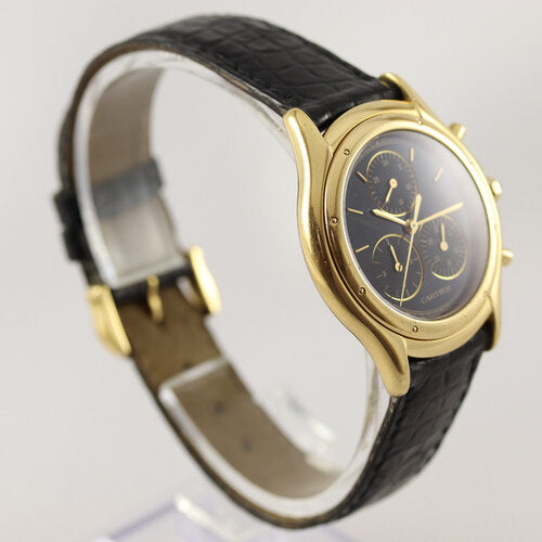Cartier Cougar 33mm Chronograph in 18ct Yellow Gold, Ref 11621, black dial, sapphire crown, sapphire crystal, Quartz movement, Cartier black leather strap with 18ct Yellow Gold buckle, with Cartier box