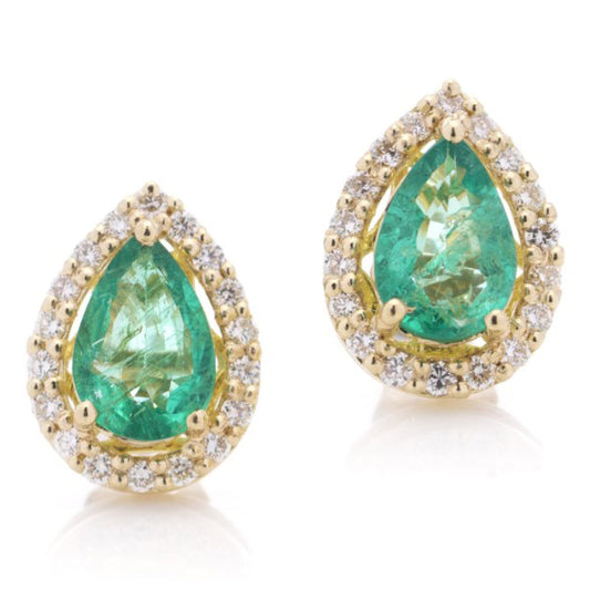 Vintage 1.40ct Pear Cut Emerald and Diamond Cluster Earrings