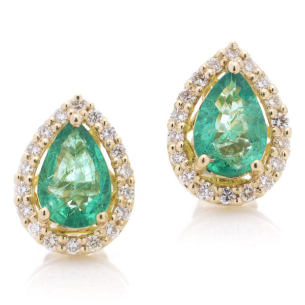 Vintage 1.40ct Pear Cut Emerald and Diamond Cluster Earrings