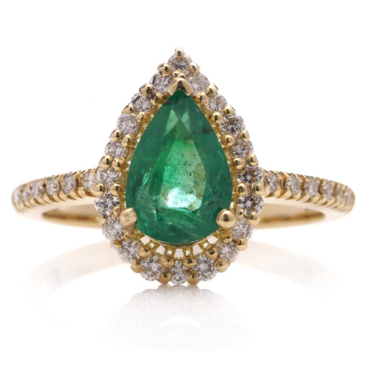 1.60ct Pear Cut Emerald and Diamond Cluster Ring in 18ct Yellow Gold