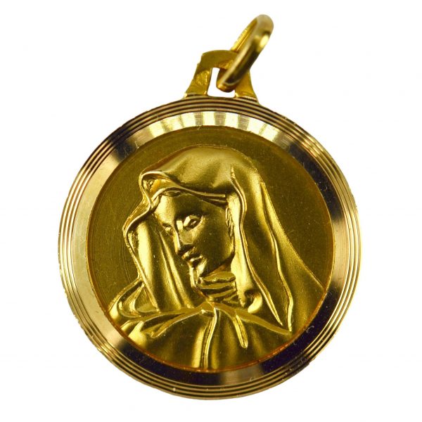 French Virgin Mary 18ct Yellow Gold Medal Pendant; designed as a round medal depicting the Virgin Mary. Stamped with the eagle’s head for French manufacture