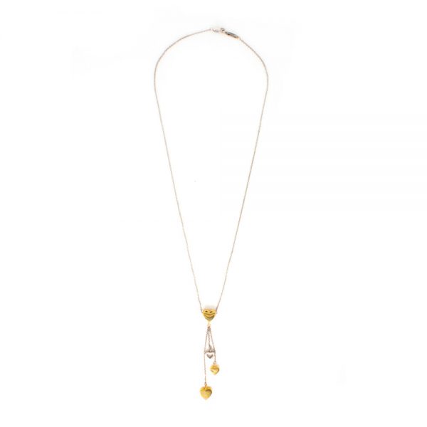 Tiffany and Co 18ct Yellow and White Gold Necklace with Heart Charm Pendants; Made in London, Circa 2000s, Comes in original Tiffany & Co travel pouch