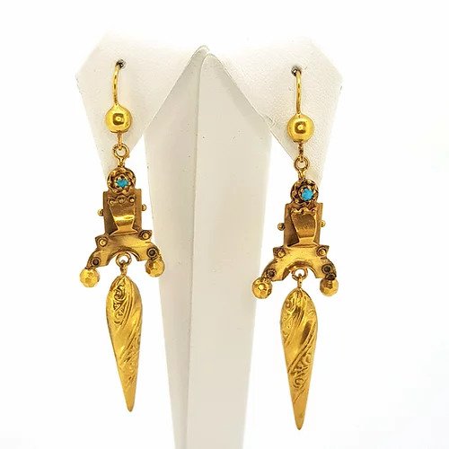 Antique Victorian Turquoise and Gold Escutcheon Drop Earrings; striking pair of Escutcheon earrings crafted from 9ct yellow gold, set with cabochon turquoise