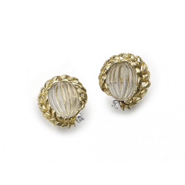 Vintage David Webb Rock Crystal, Diamond and Gold Earrings; melon cut carved rock crystal with gold leaf style garland surrounds and round brilliant-cut diamond accents, Signed, Circa 1980