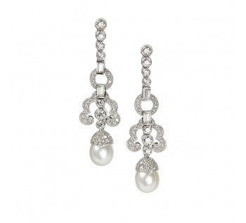 Edwardian Style Pearl Diamond and Platinum Drop Earrings; set with round brilliant-cut and baguette-cut diamonds totaling 2.81ct, with pearl drop, platinum