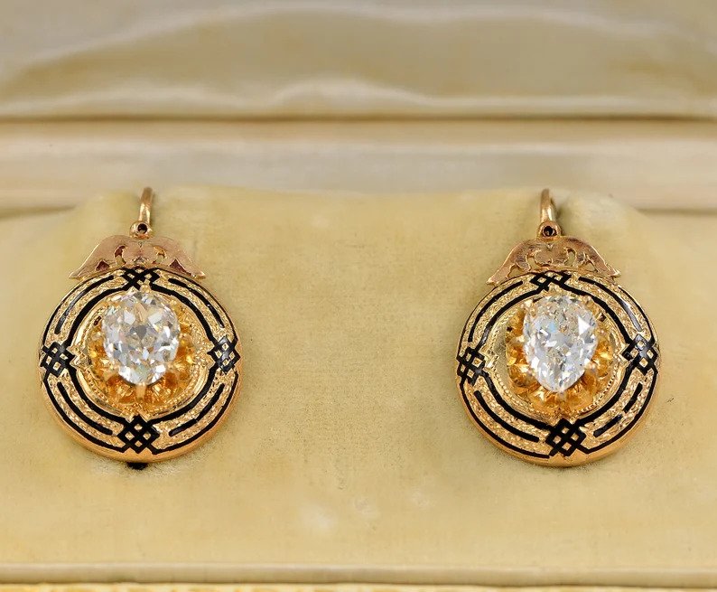Antique Victorian 2.2ct Diamond Enamel and Gold Drop Earrings; 2.23ct cushion-shaped old mine-cut diamonds in 18ct yellow gold borders with distinctive enamel motifs, 19th century Circa 1860