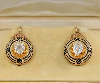 Antique Victorian 2.2ct Diamond Enamel and Gold Drop Earrings; 2.23ct cushion-shaped old mine-cut diamonds in 18ct yellow gold borders with distinctive enamel motifs, 19th century Circa 1860
