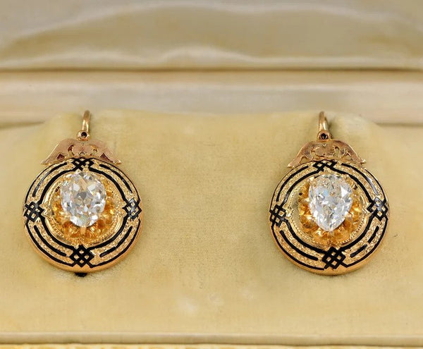 Antique Victorian 2.2ct Diamond Enamel and Gold Drop Earrings; 2.23ct cushion-shaped old mine-cut diamonds in 18ct yellow gold borders with distinctive enamel motifs, 19th century Circa 1860
