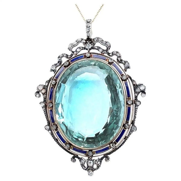 Antique Victorian 75ct Aquamarine Pendant with Blue Enamel and Rose Cut Diamonds