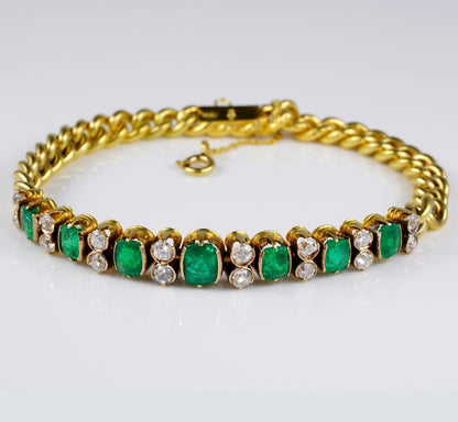 Antique Victorian 6ct Colombian Emerald and Diamond Set Curb Bracelet
