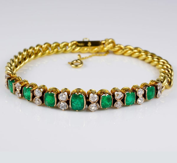 Antique Victorian 6ct Colombian Emerald and Diamond Set Curb Bracelet
