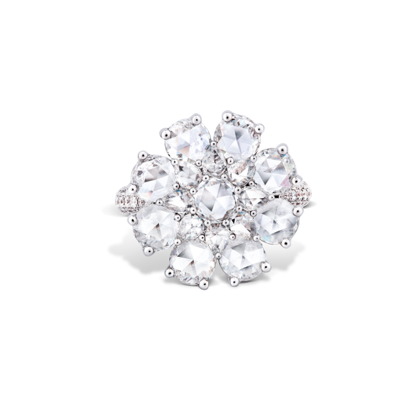 Rose Cut Diamond Blossom Flower Cluster Ring; featuring 2.82 carats of round and pear-shaped rose-cut diamonds, accented with 48 micro pave set diamonds