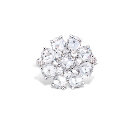 Rose Cut Diamond Blossom Flower Cluster Ring; featuring 2.82 carats of round and pear-shaped rose-cut diamonds, accented with 48 micro pave set diamonds