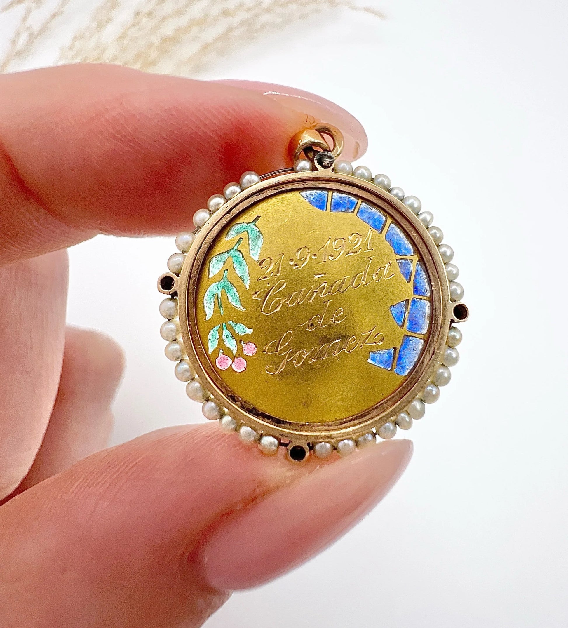 Antique 18 Carat Yellow Gold Plique a Jour and Seed Pearl Lady Portrait Pendant