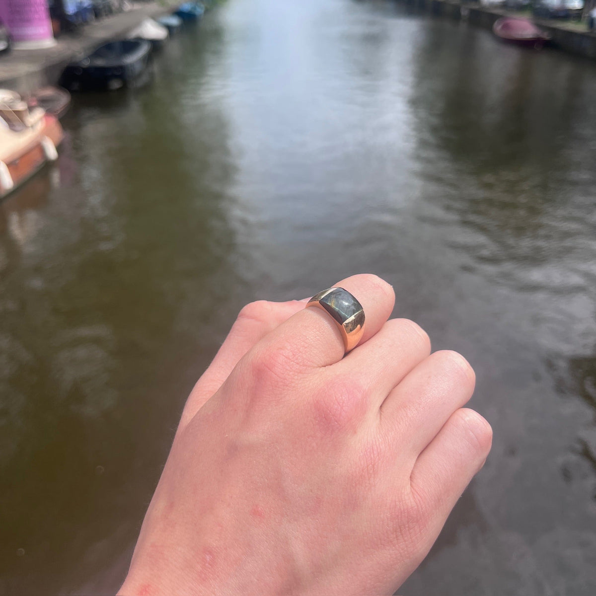Vintage 9 Carat Yellow Gold Hawk's Eye Quartz Band Ring