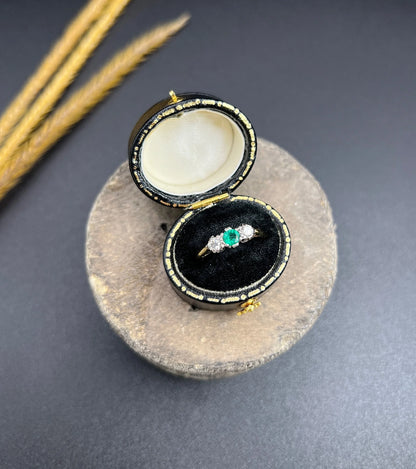 Vintage 18 ct Yellow Gold And Platinum 1950's 3 Stone Emerald And Diamond Trilogy Engagement Ring
