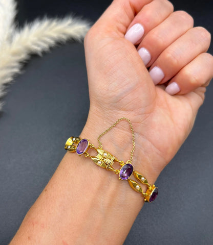 Antique Art Nouveau 15 Carat Yellow Gold Amethyst and Seed Pearl Two Row Bracelet