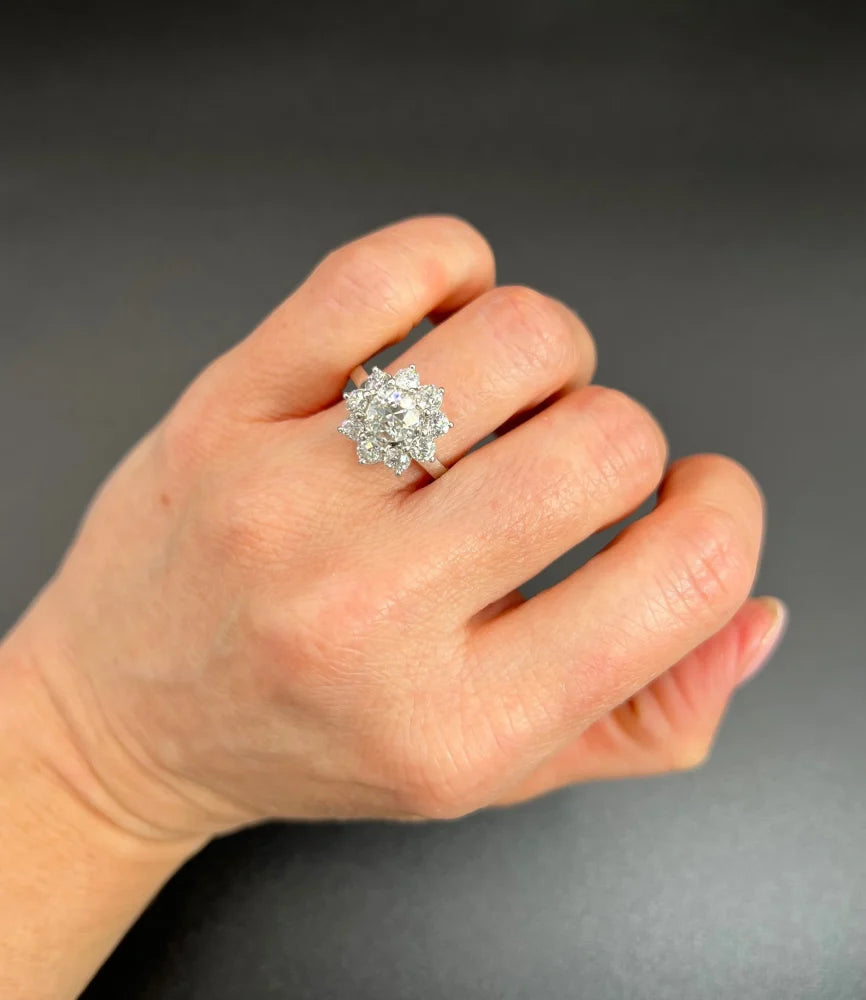 Vintage Diamond Daisy Cluster Engagement Ring in Platinum, 2.20 carats