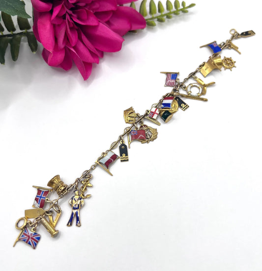 Antique 9ct Gold Stamped, 1920s Nautical Themed Charm Bracelet