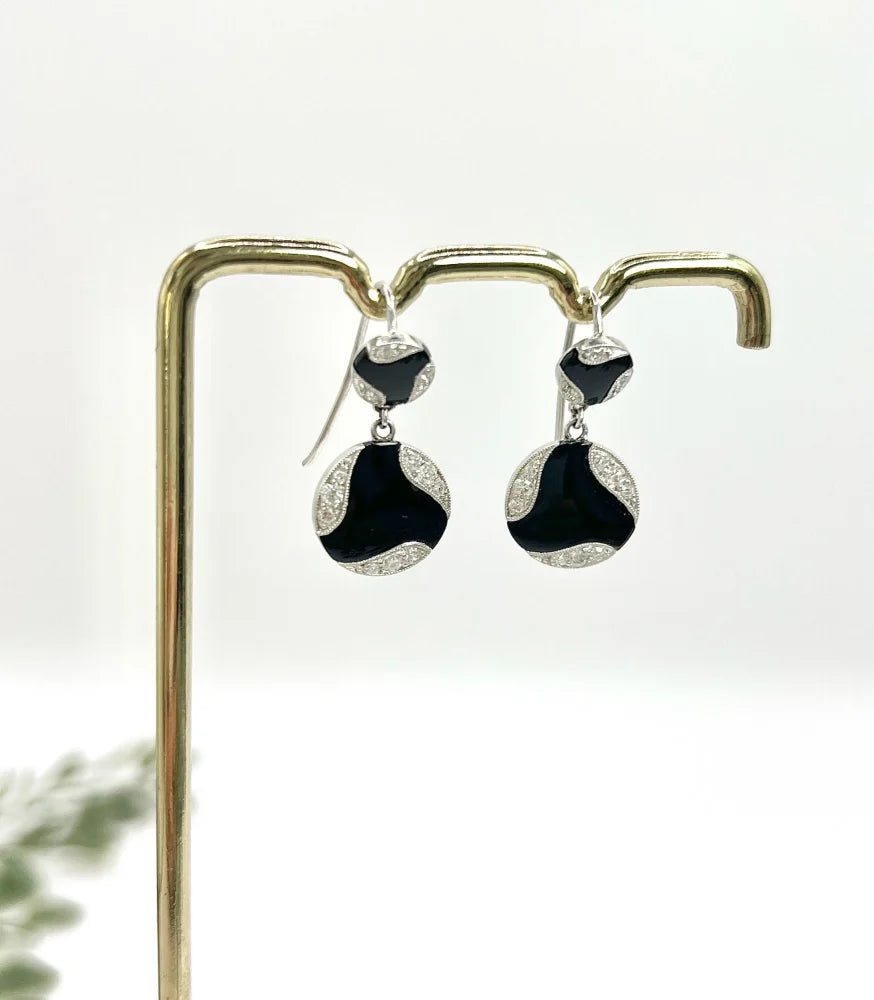 Antique Art Deco Diamond And Onyx Earrings In 18 Carat White Gold