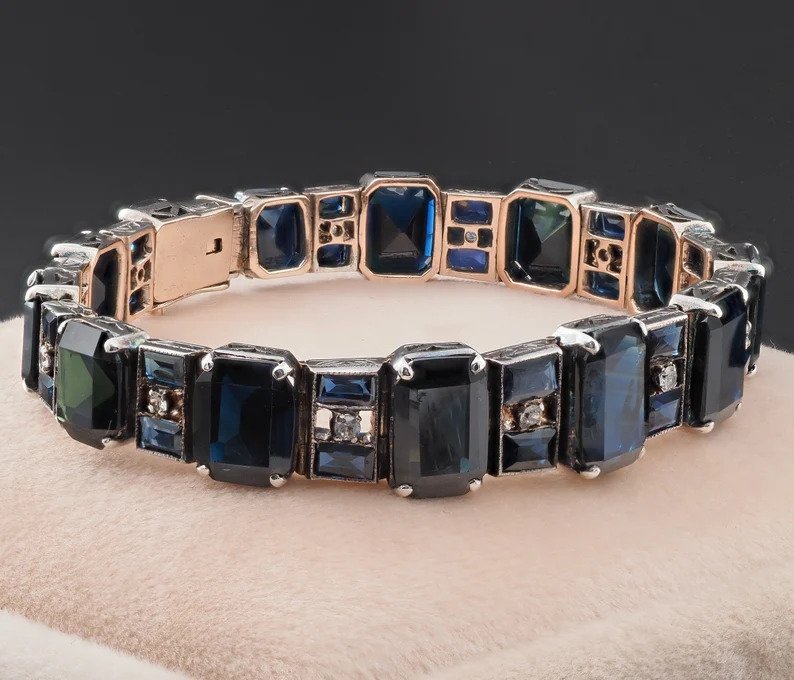 Antique Art Deco 50ct Natural Sapphire and Diamond Bracelet