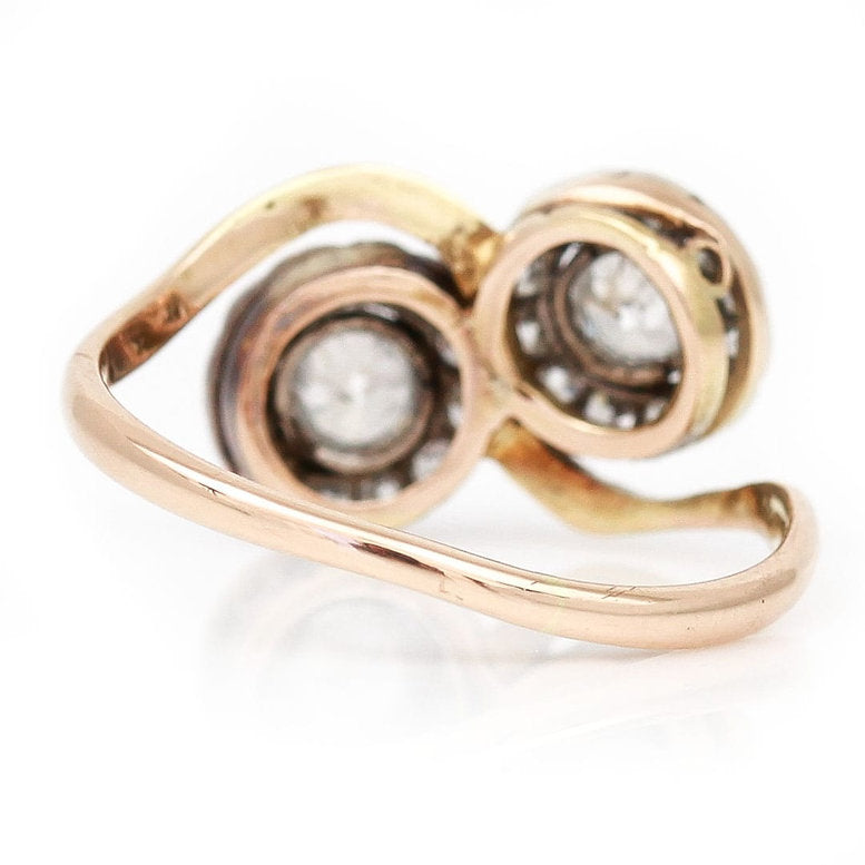 Antique Double Old Cut Diamond Cluster Toi et Moi Crossover Ring