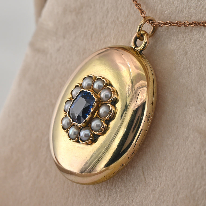 Victorian Antique Russian 2.60ct Ceylon Sapphire and Natural Pearl Cluster Gold Locket Pendant