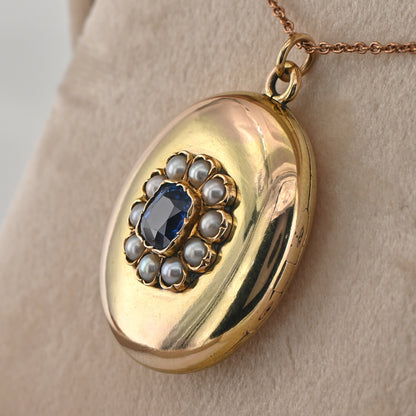 Victorian Antique Russian 2.60ct Ceylon Sapphire and Natural Pearl Cluster Gold Locket Pendant